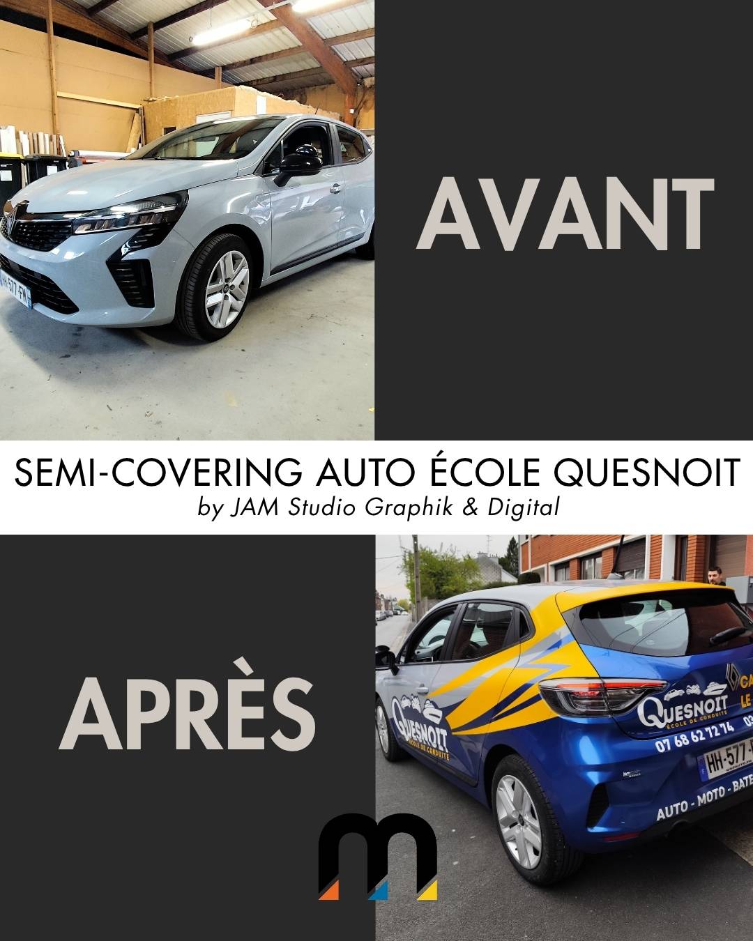 Avant et après du semi-covering de l'Auto-école Quesnoit réalisé par JAM Studio