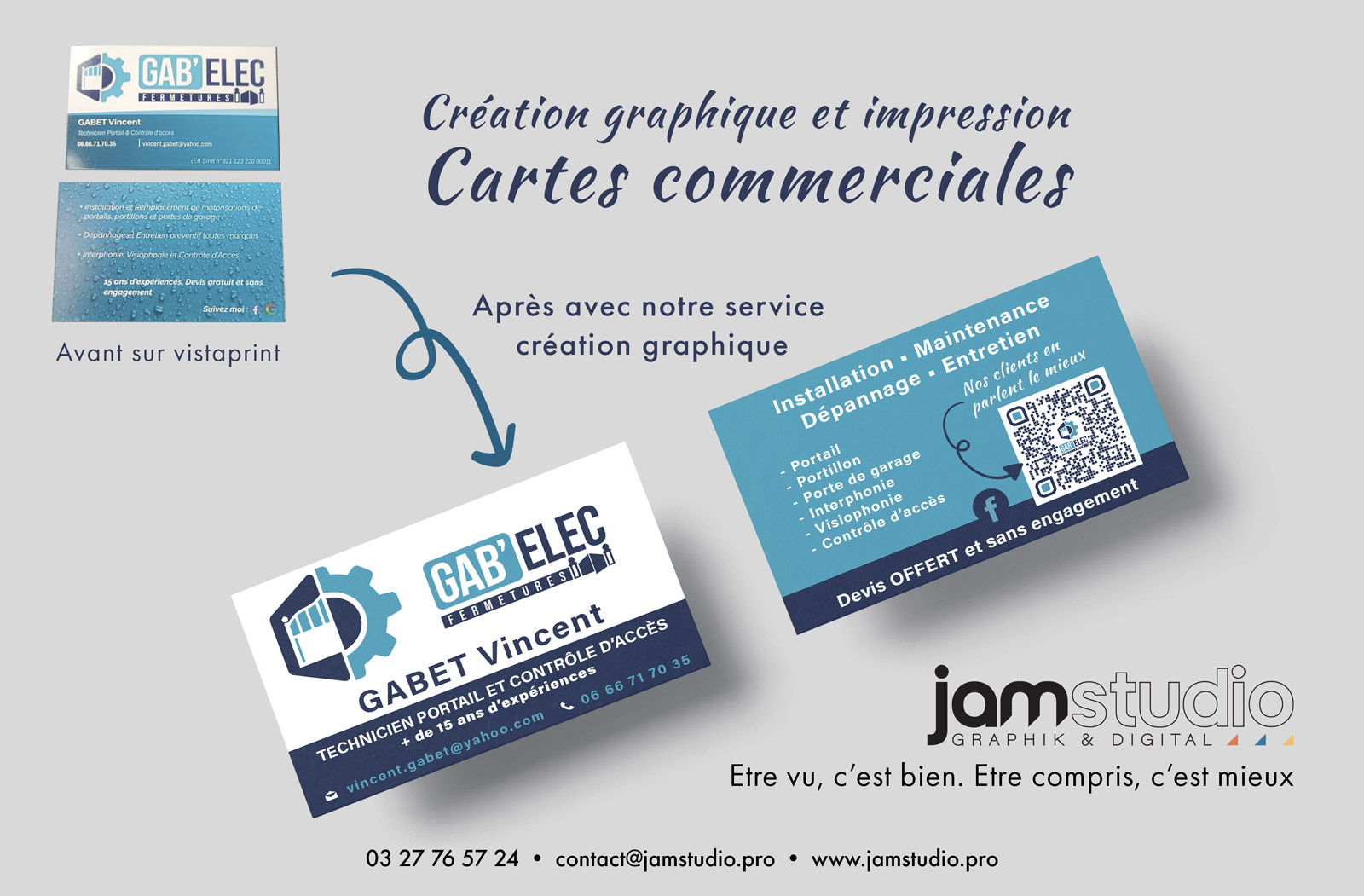 visuel de carte de visite avant et après avec une stratégie de communication JAM Studio